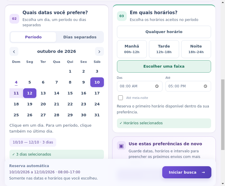 Interface real do Full Agenda: período de 10 a 12 de outubro e horários personalizados das 8 às 17 horas.